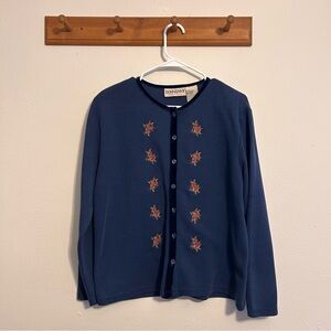 Vintage Blue Floral Embroidered Cardigan Size Medium